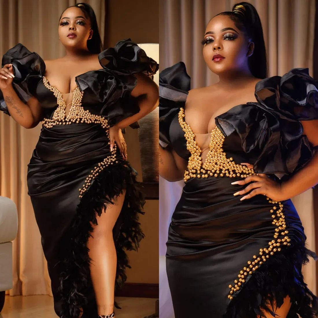 2024 Plus size PROM dress Black V - neck Sexy mermaid Feather Pearl Birthday party Engagement Second Reception Evening dress - SHOWLU FASHION STORE