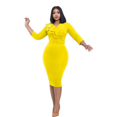 2024 Polyester African Dresses for Women Elegant Autumn African 3/4 Sleeve V - neck Red Green Yellow Black Bodycon Dress With Belt - SHOWLU FASHION STORE