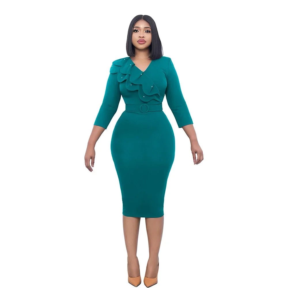 2024 Polyester African Dresses for Women Elegant Autumn African 3/4 Sleeve V - neck Red Green Yellow Black Bodycon Dress With Belt - SHOWLU FASHION STORE