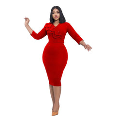 2024 Polyester African Dresses for Women Elegant Autumn African 3/4 Sleeve V - neck Red Green Yellow Black Bodycon Dress With Belt - SHOWLU FASHION STORE