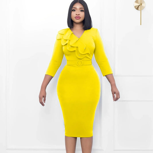 2024 Polyester African Dresses for Women Elegant Autumn African 3/4 Sleeve V - neck Red Green Yellow Black Bodycon Dress With Belt - SHOWLU FASHION STORE