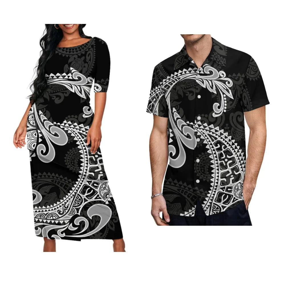 Showlu Fashion Samoa Puletasi set with matching men's shirt, featuring vibrant Polynesian art on a maxi dress and shirt for couples.