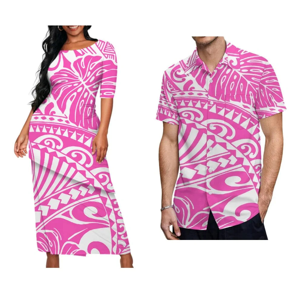 Showlu Fashion Samoa Puletasi set with Polynesian art maxi dress and matching men's shirt, featuring vibrant traditional patterns.