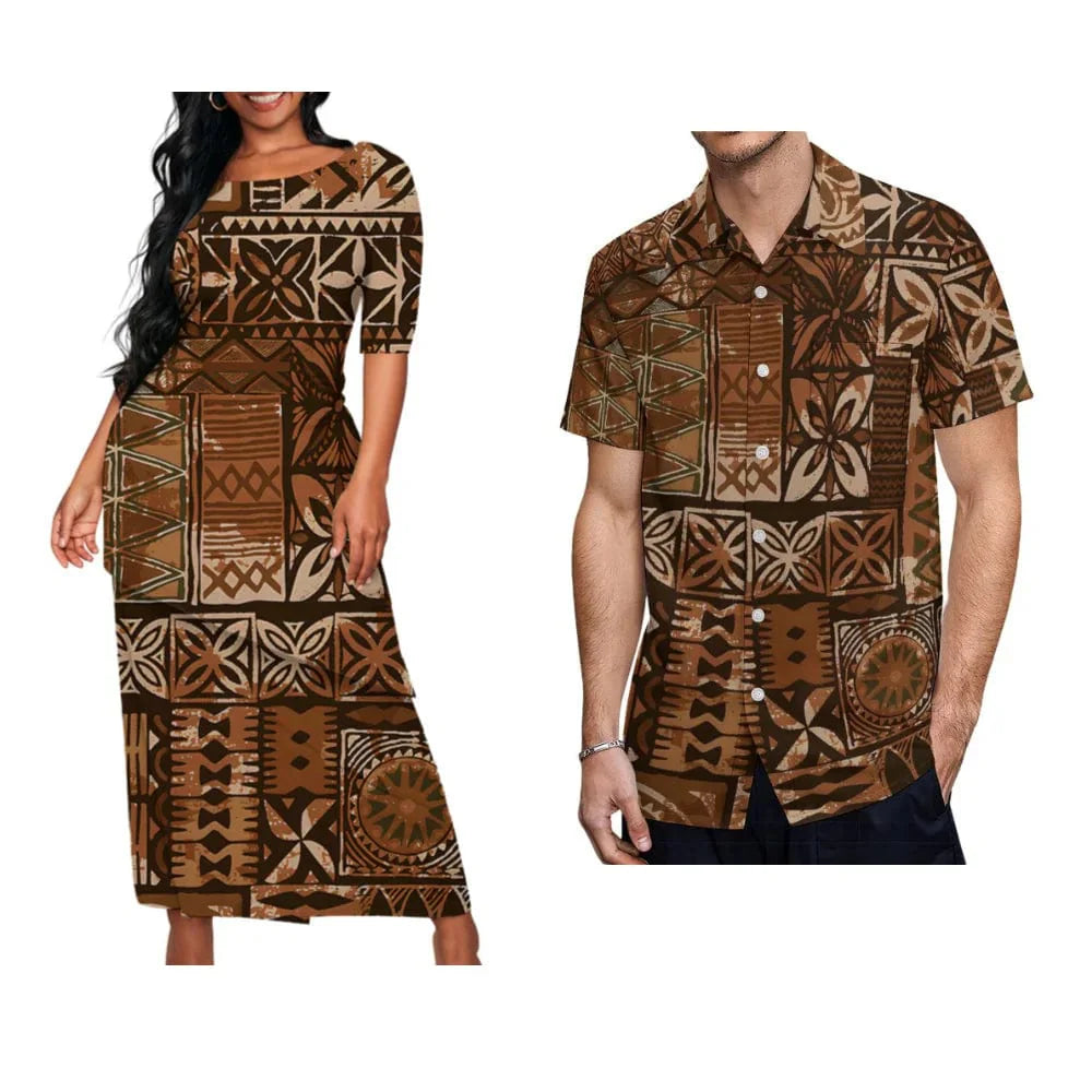 Showlu Fashion Samoa Puletasi set with traditional Polynesian art maxi dress and matching men's shirt, vibrant vintage design for couples.