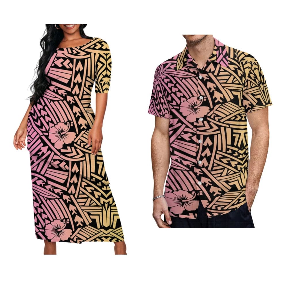2024 Polynesian New Ladies Puletasi Custom Matching Men'S Shirt Samoa Vintage Art Maxi Dress Set Samoa Couple Set - SHOWLU FASHION STORE