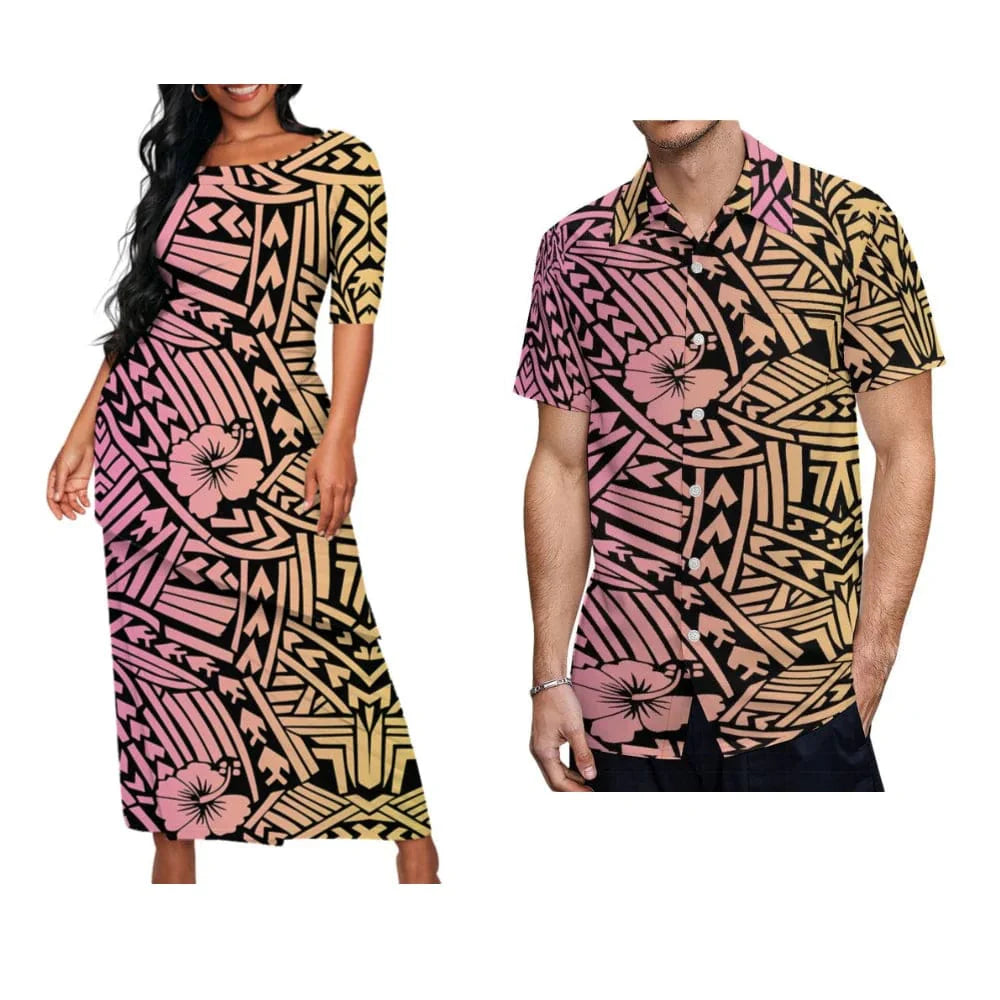 Showlu Fashion Samoa Puletasi set with matching men's shirt, featuring traditional Polynesian art and vibrant vintage design.