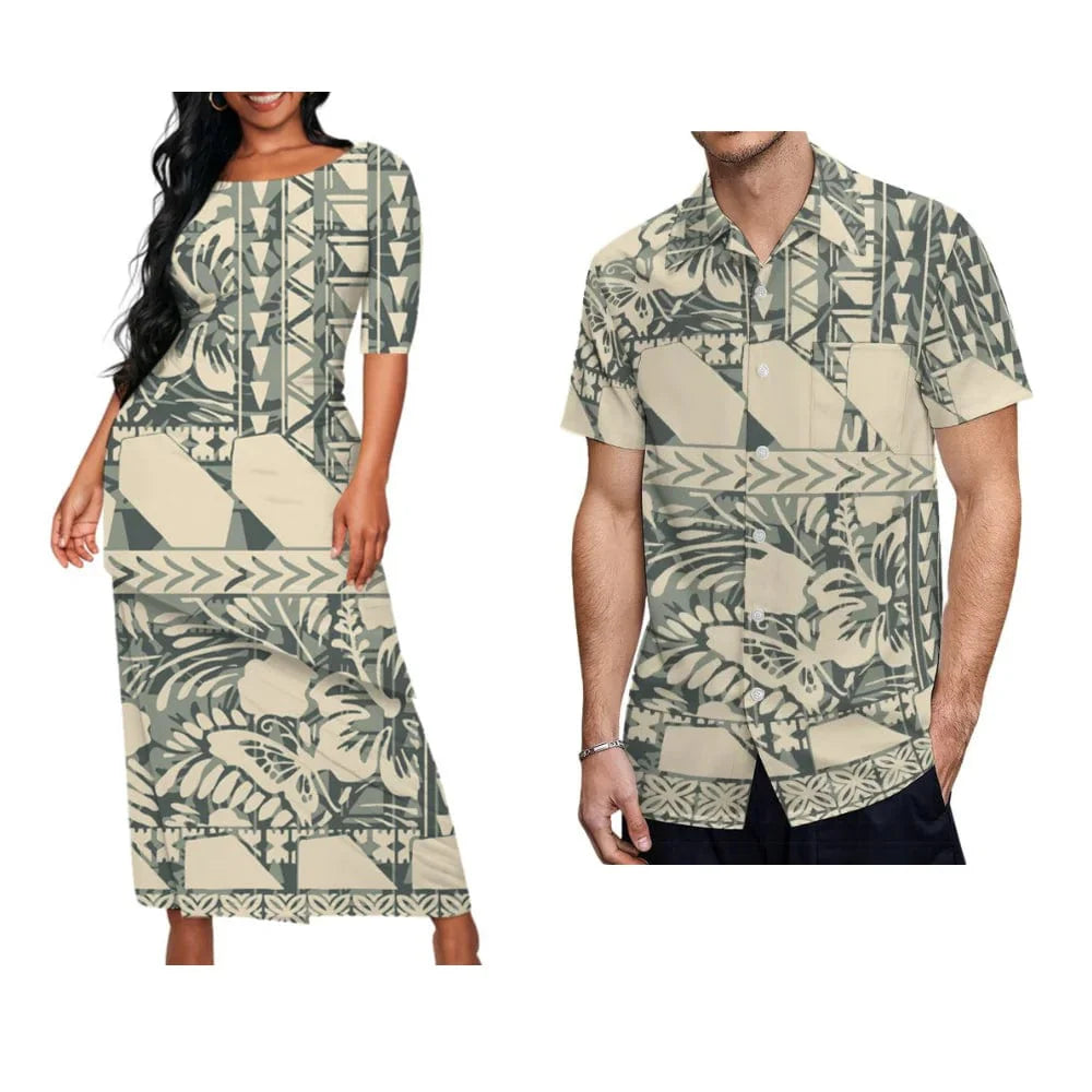 Showlu Fashion Samoa Puletasi Set featuring a colorful Polynesian art maxi dress for women and a matching men's shirt.