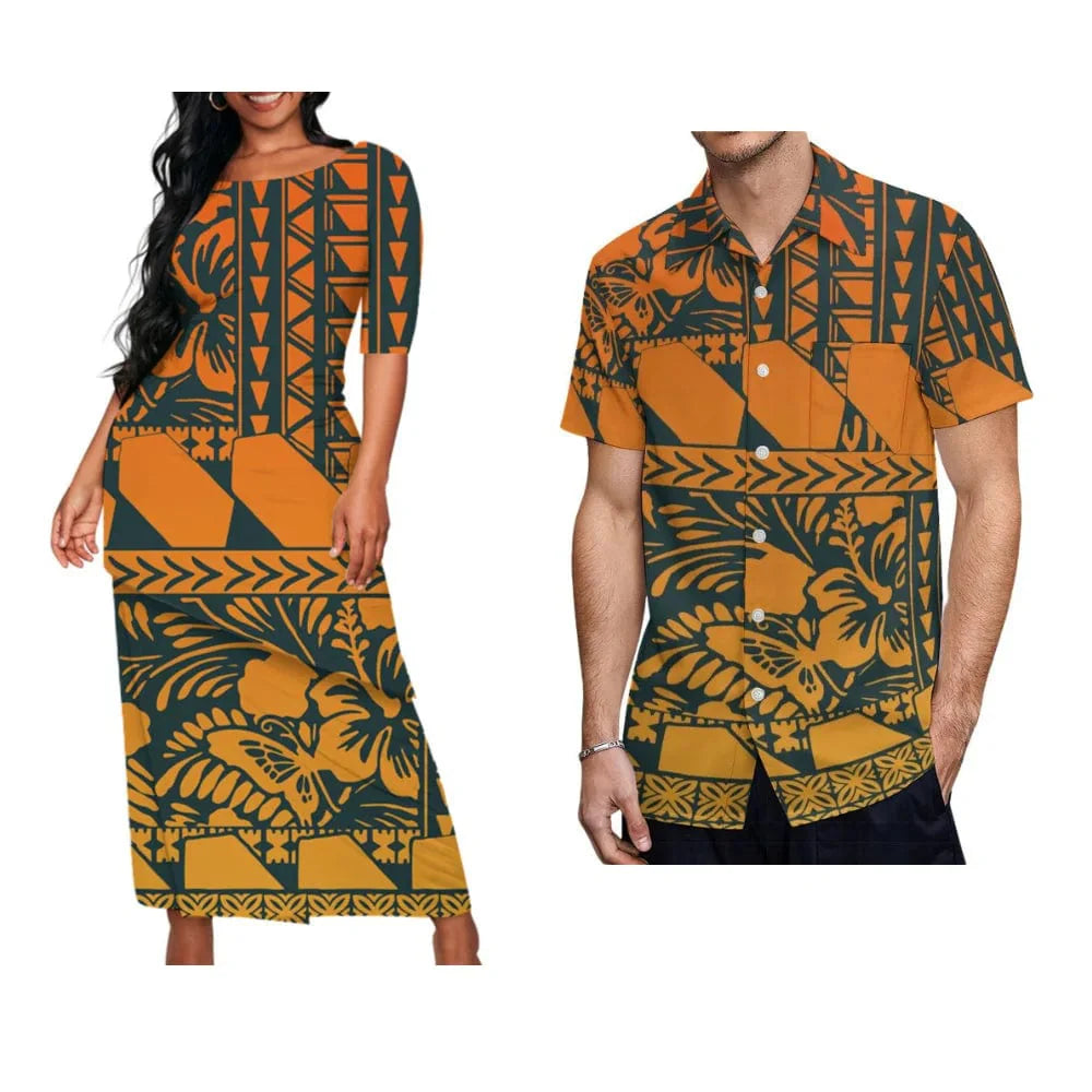 Showlu Fashion Samoa Puletasi set with Polynesian art maxi dress and matching men's shirt, featuring vibrant traditional patterns.