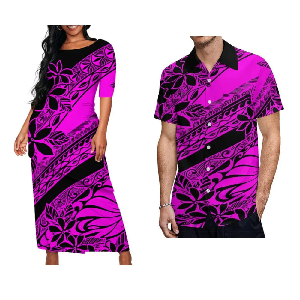 Showlu Fashion Samoa Puletasi set with matching men's shirt, featuring vibrant Polynesian art on a vintage maxi dress and shirt.