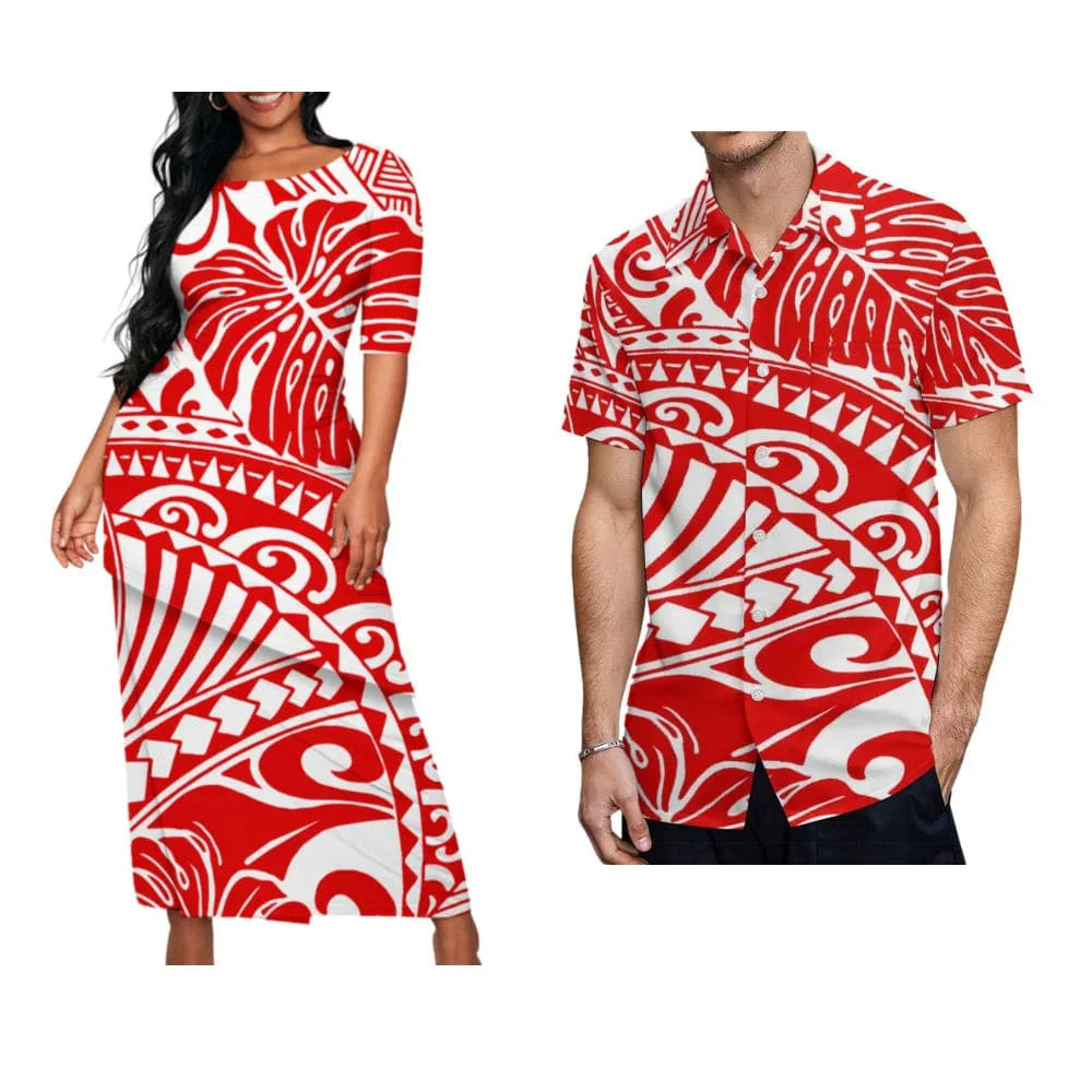 Showlu Fashion Samoa Puletasi Set with Polynesian art maxi dress and matching men's shirt, featuring vibrant vintage design for couples.
