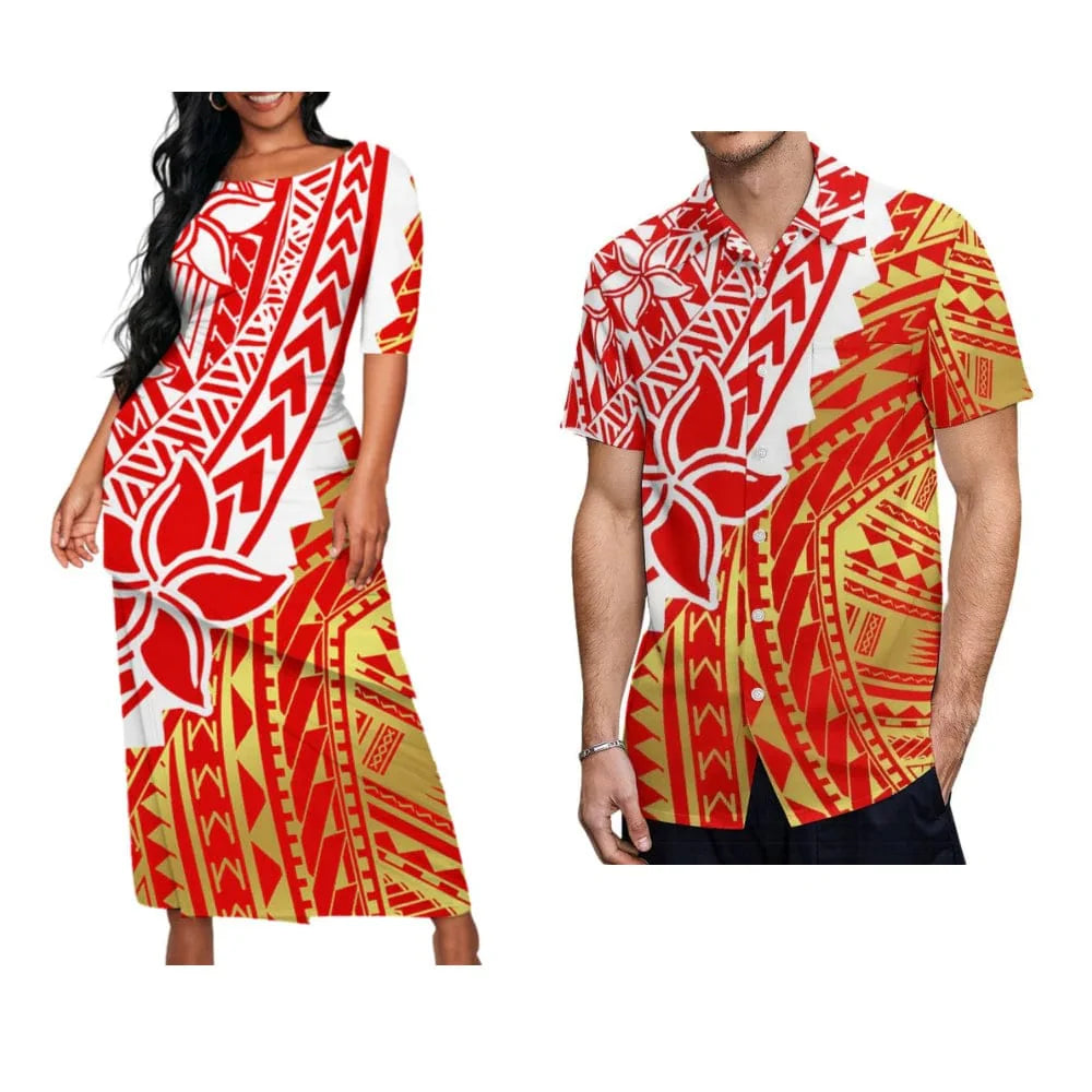 Showlu Fashion Samoa Puletasi set with matching men's shirt, featuring vibrant Polynesian art on a maxi dress and shirt for couples.