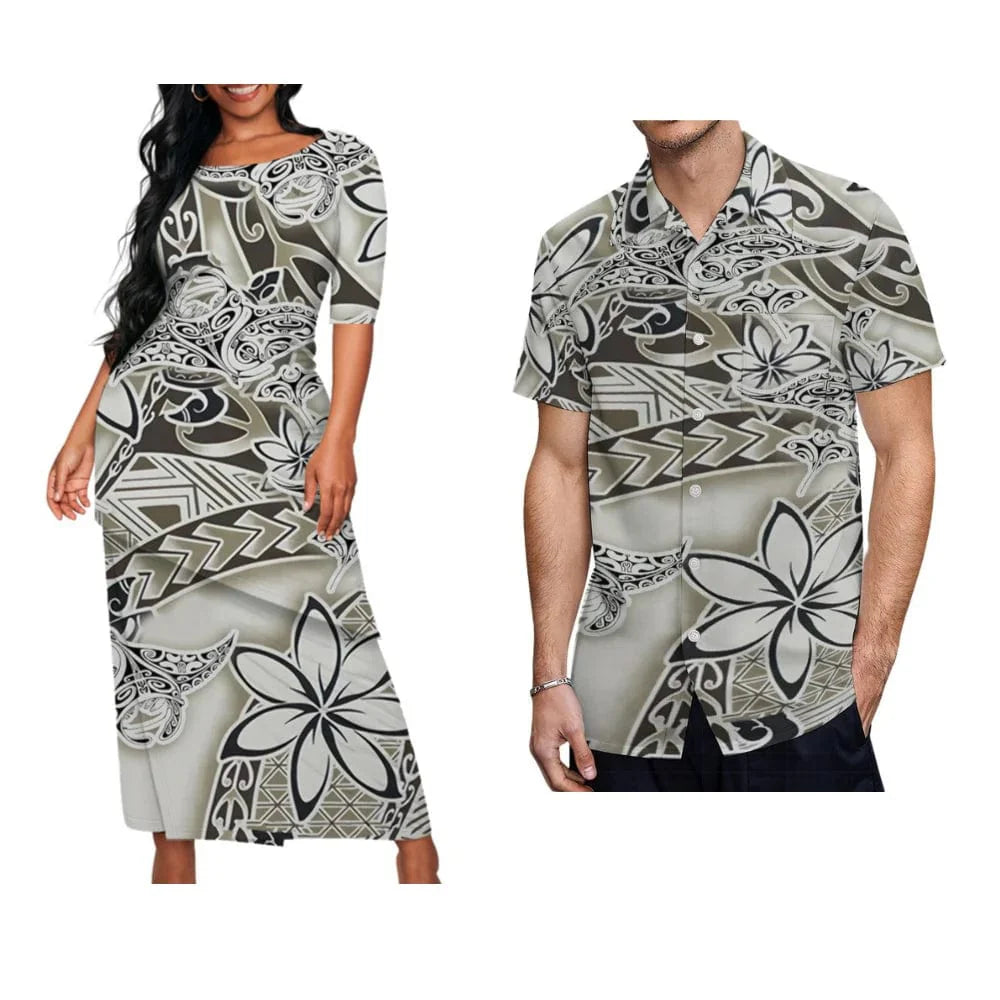 Showlu Fashion Samoa Puletasi set featuring a Polynesian art maxi dress for women and a matching men's shirt with vibrant vintage patterns.