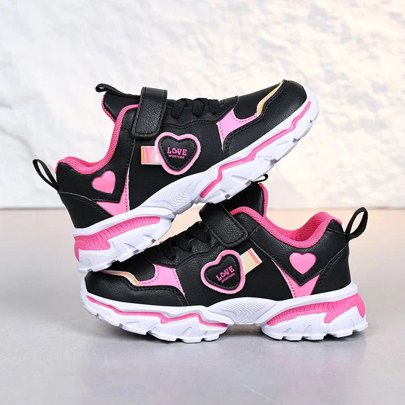 SHOWLU Girls casual sports shoes with lightweight PU leather, flat bottom design, perfect for active and stylish everyday wear.