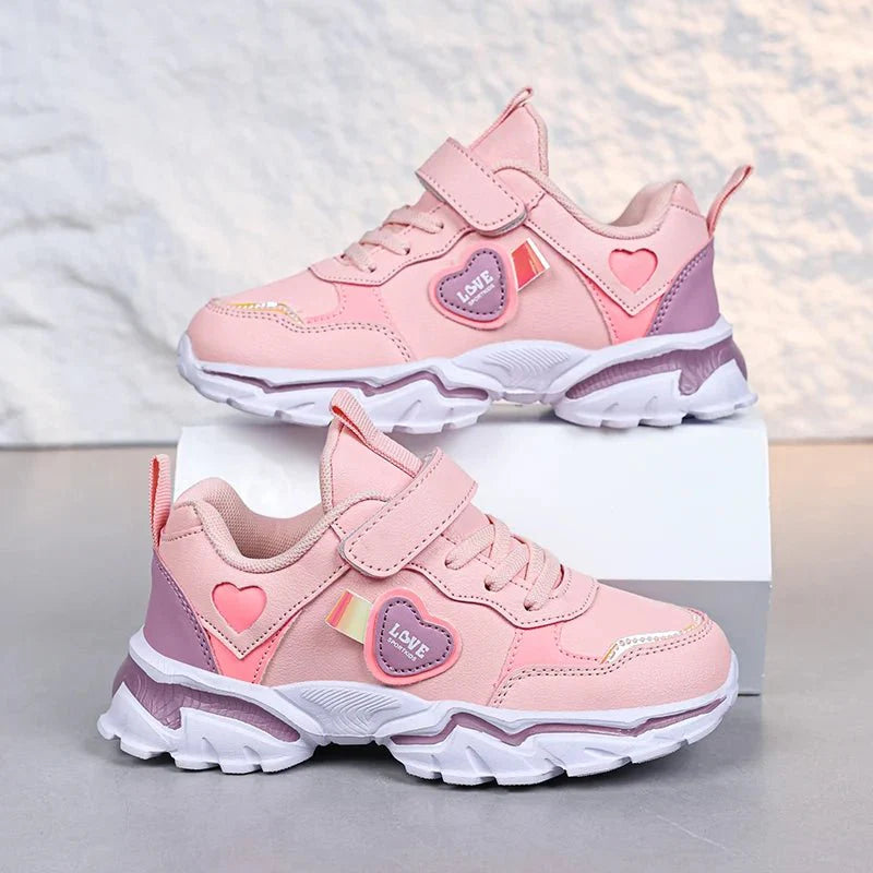 SHOWLU girls casual sports shoes with lightweight PU leather, flat sole, trendy design, perfect for active wear and everyday style.