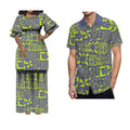 Polynesian Puletasi maxi dress with ruffled sleeves and matching men's shirt, traditional Tongan tribal fashion from Showlu Fashion Store.