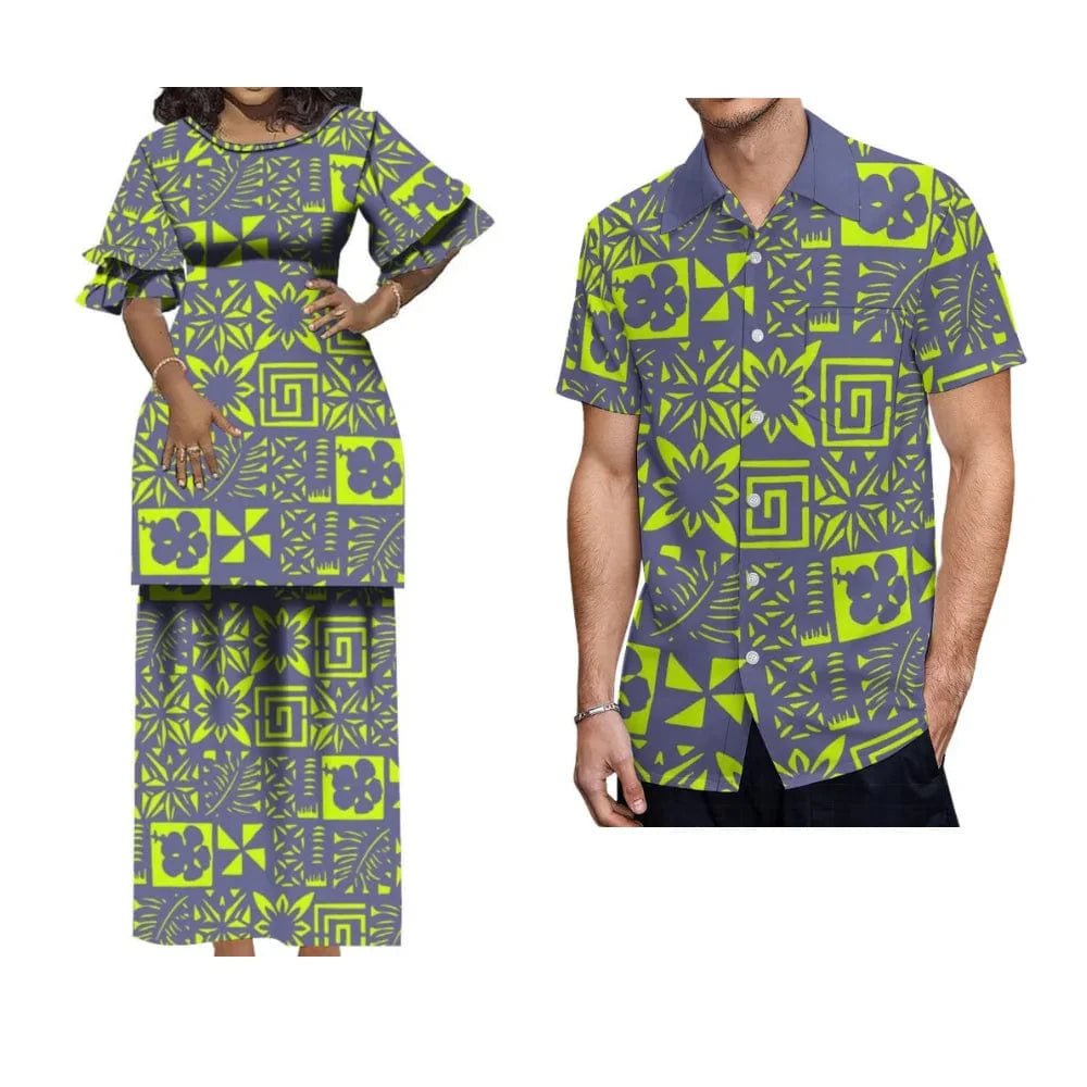 Polynesian Puletasi maxi dress with ruffled sleeves and matching men's shirt, traditional Tongan tribal fashion from Showlu Fashion Store.