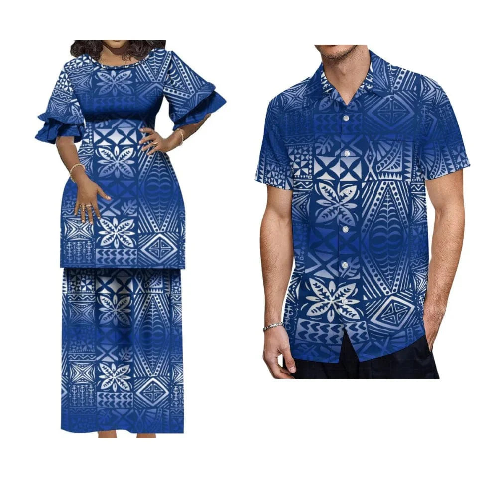Polynesian Puletasi maxi dress with ruffled sleeves and matching men's shirt, traditional tribal Tongan fashion by SHOWLU FASHION STORE