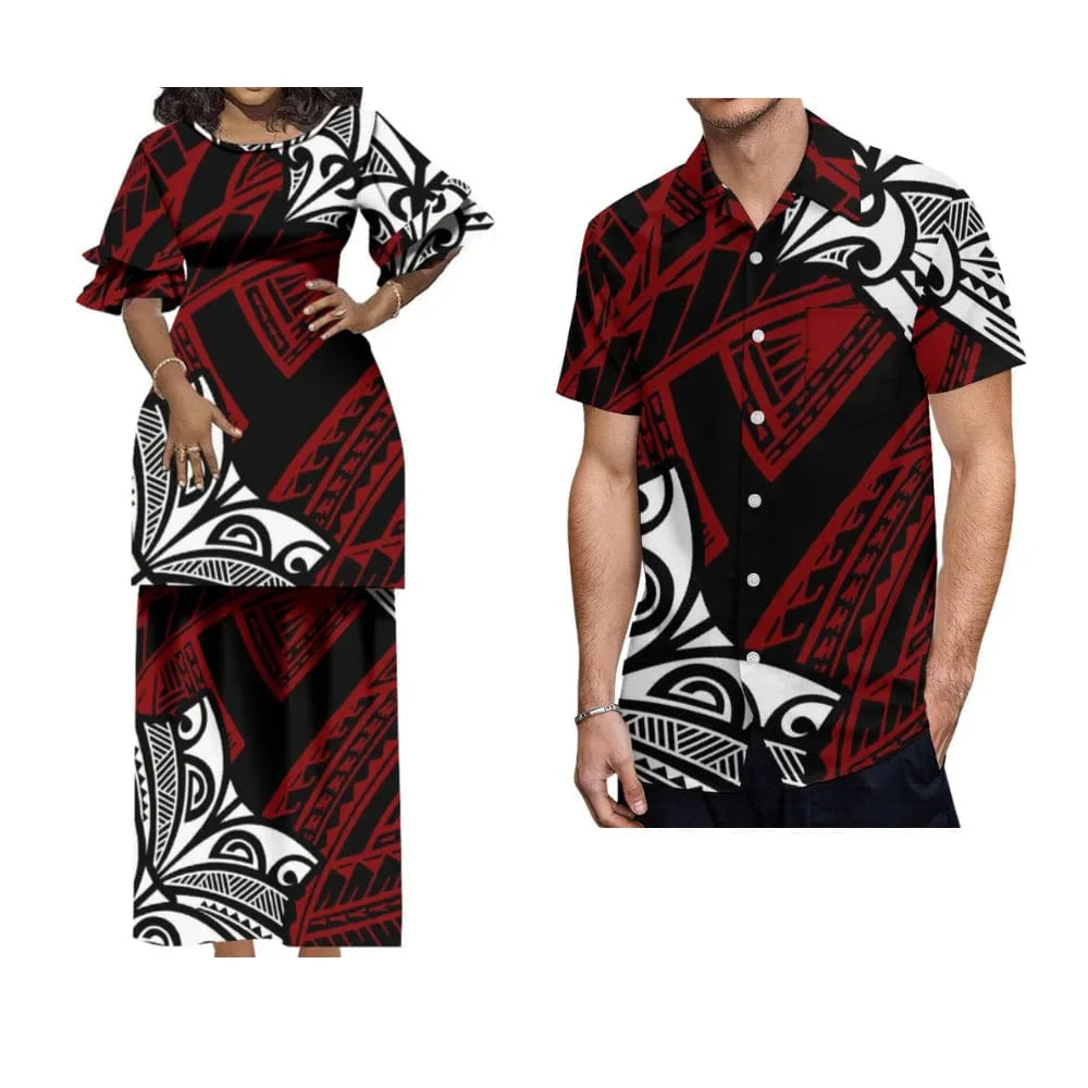 Polynesian Puletasi maxi dress with ruffled sleeves and matching men's shirt, traditional Tongan tribe fashion for couples.