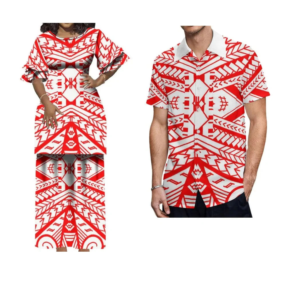 Polynesian Puletasi maxi dress with ruffled sleeves and matching men's shirt, traditional Tongan tribe fashion by Showlu Fashion Store.