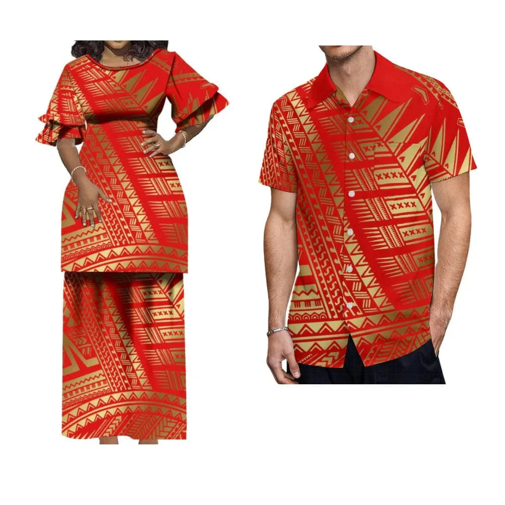 Polynesian Puletasi maxi dress with ruffled sleeves and matching men's shirt, traditional tribal Tongan fashion by Showlu Fashion Store.