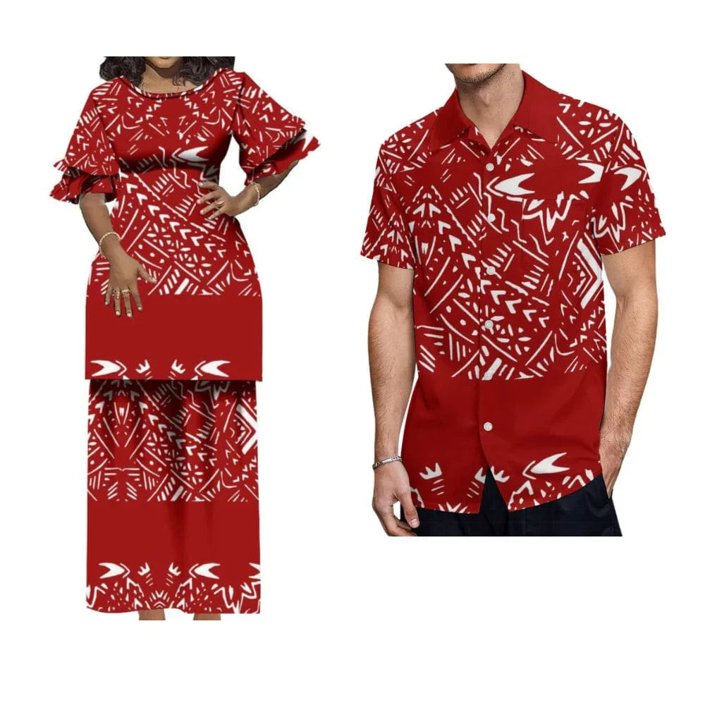 Polynesian Puletasi maxi dress with ruffled sleeves and matching men's shirt, traditional tribal Tongan fashion by Showlu Fashion Store
