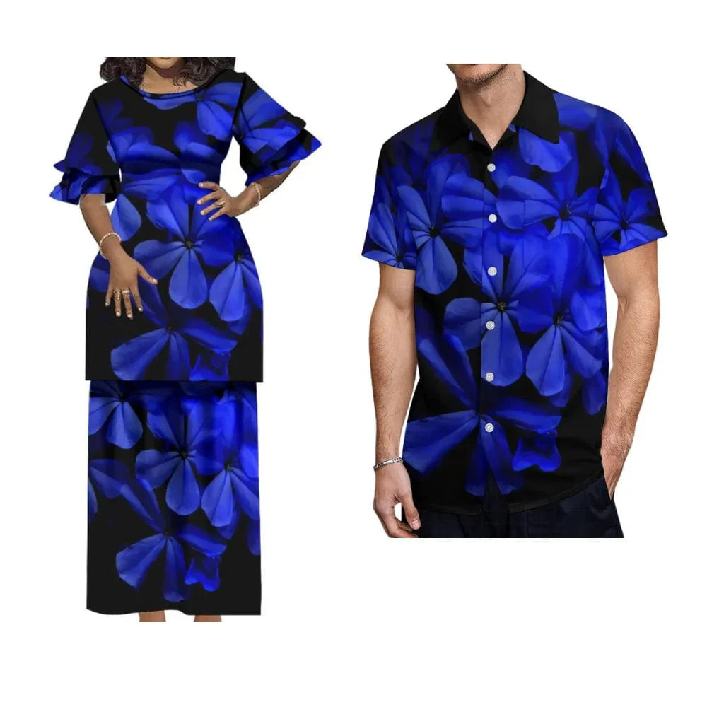 Polynesian Puletasi maxi dress with ruffled sleeves and matching men's shirt, traditional Tongan tribal fashion by Showlu Fashion Store