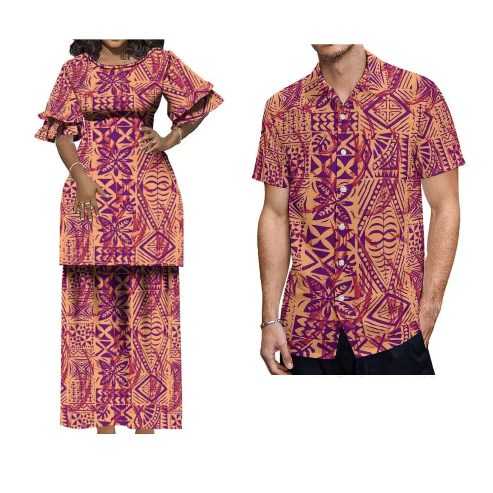 Polynesian Puletasi maxi dress with ruffled sleeves and matching men's shirt, traditional tribal Tongan fashion by Showlu Fashion Store.