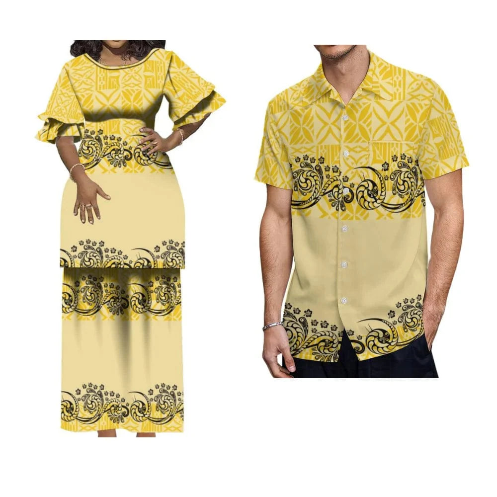 Polynesian Puletasi maxi dress with ruffled sleeves and matching men's tribal shirt, traditional Tongan tribe fashion set.