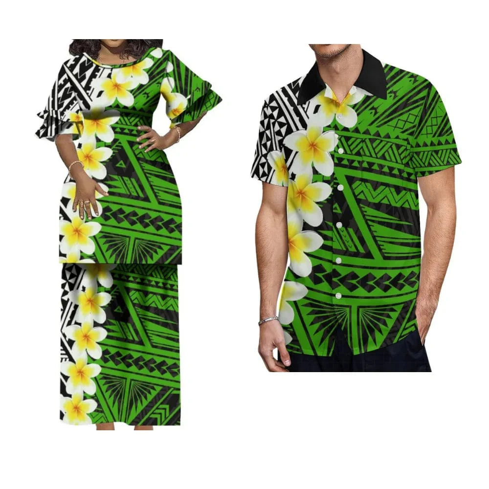 Showlu Fashion Polynesian Puletasi tribal maxi dress with ruffled sleeves and matching men's shirt, traditional Tongan tribe outfit for couples.