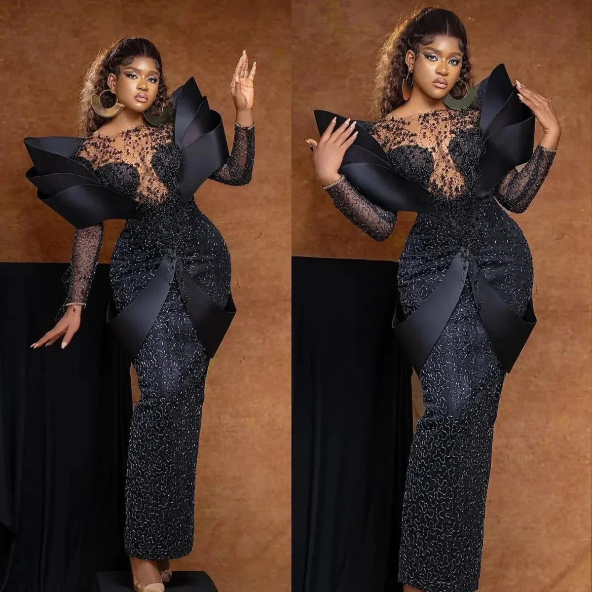 Black lace mermaid evening dress with off-shoulder design, form-fitting style, perfect for prom or formal events, by SHOWLU FASHION STORE.