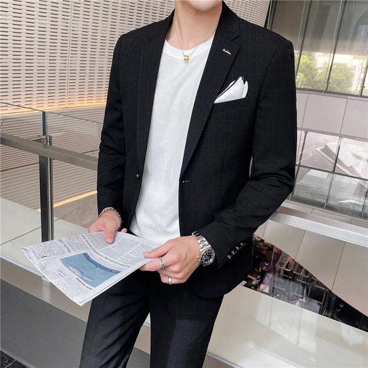 2024 Spring and Autumn Korean Slim - fit Suit (suit + Trousers) Men's Casual Breezes Suit Plankton Handsome Two - piece Set S - 5XL - SHOWLU FASHION STORE