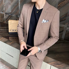 2024 Spring and Autumn Korean Slim - fit Suit (suit + Trousers) Men's Casual Breezes Suit Plankton Handsome Two - piece Set S - 5XL - SHOWLU FASHION STORE