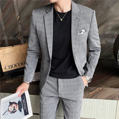 2024 Spring and Autumn Korean Slim - fit Suit (suit + Trousers) Men's Casual Breezes Suit Plankton Handsome Two - piece Set S - 5XL - SHOWLU FASHION STORE