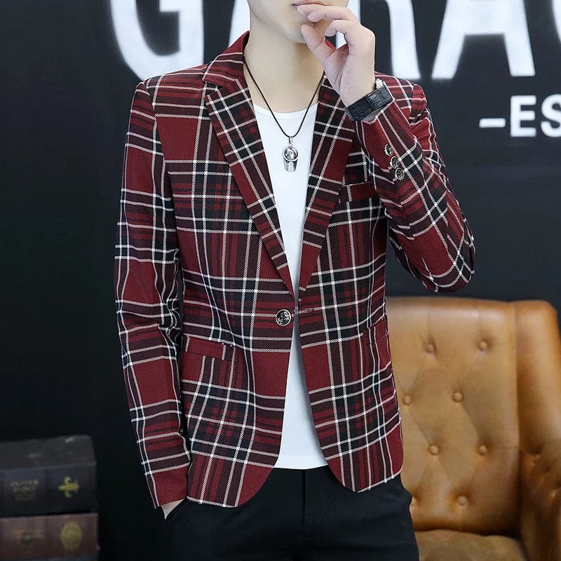 SHOWLU Men's slim-fit checkered suit jacket, smart casual blazer with a modern, stylish design for young men.