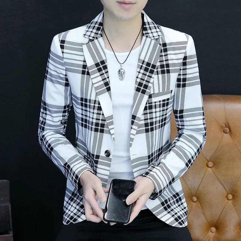 SHOWLU Men's slim-fit checkered suit jacket, casual blazer with a modern Korean style, perfect for smart casual occasions.