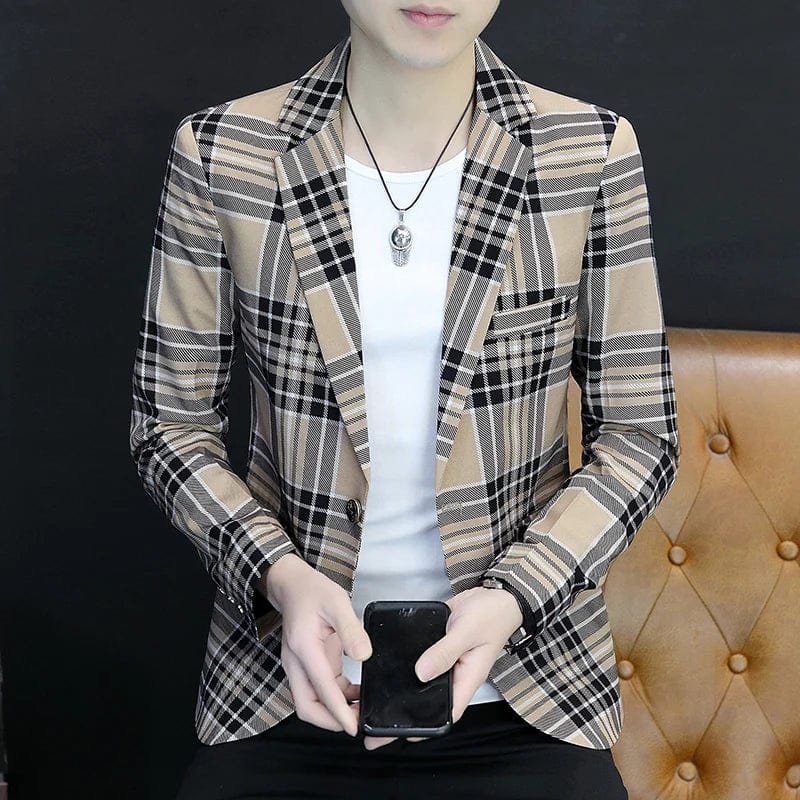 SHOWLU Men's slim-fit checkered suit jacket, stylish casual blazer with a modern Korean-inspired design for young men.