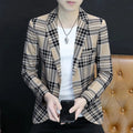 SHOWLU Men's slim-fit checkered suit jacket, stylish casual blazer with a modern Korean-inspired design for young men.