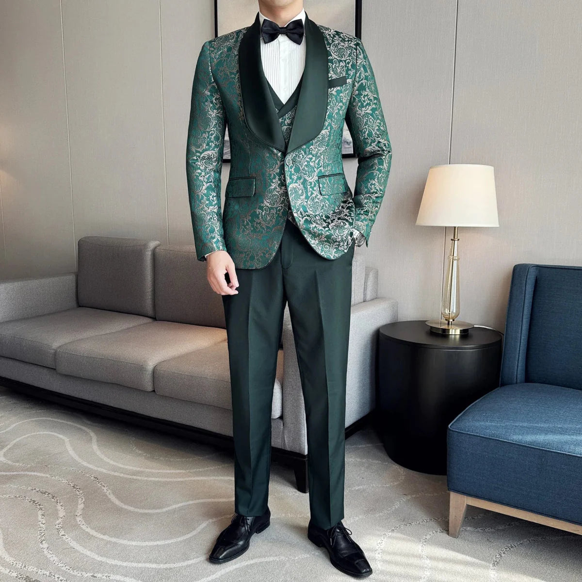 SHOWLU Men's British Style 3-Piece Jacquard Suit with vest and trousers, slim fit wedding tuxedo, high-density fabric, spring 2024.