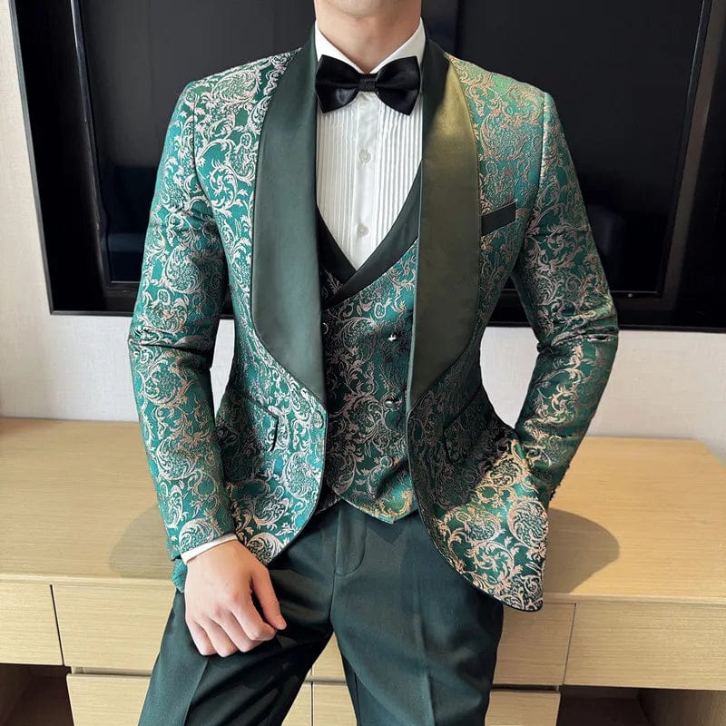 SHOWLU Men's British style 3-piece jacquard suit with vest and trousers, slim fit wedding tuxedo for formal occasions.