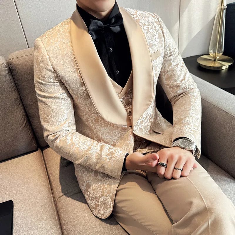 Men's British style 3-piece jacquard suit with vest and trousers, slim fit wedding tuxedo, featuring high-density fabric and elegant design