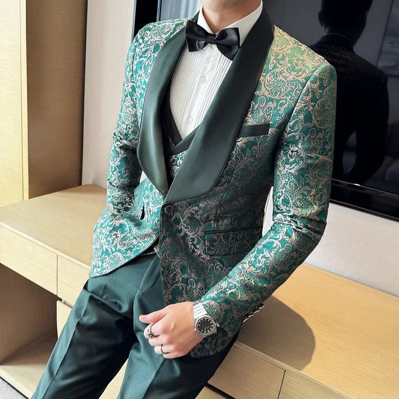 SHOWLU Men's British style 3-piece jacquard suit with vest and trousers, slim fit wedding tuxedo for formal occasions.