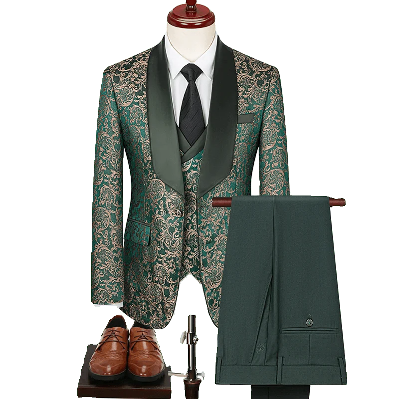 Men's British style 3-piece jacquard suit with vest and trousers, slim fit wedding tuxedo for formal occasions.