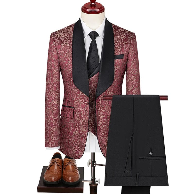Men's British style 3-piece jacquard suit with vest and trousers, slim fit wedding tuxedo, high-density fabric for formal occasions.