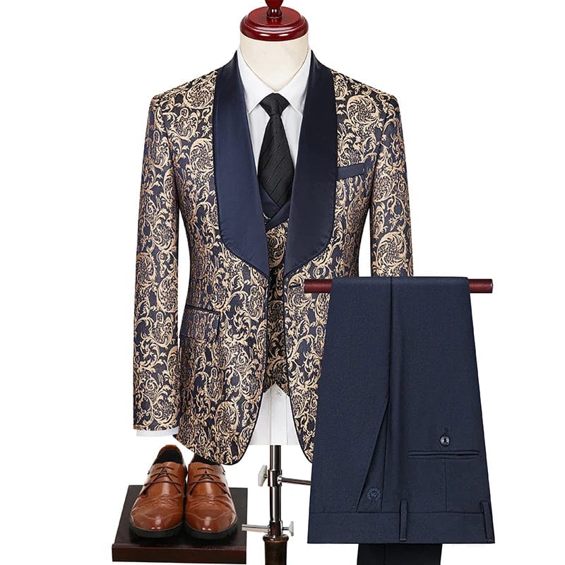 SHOWLU Men's British Style 3-Piece Jacquard Suit with vest and trousers, slim fit wedding tuxedo for formal occasions.