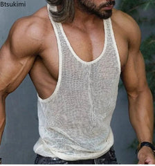 2024 Summer Men's Solid Sleeveless Knit Vest Fashion New Hollow Out Design Sport Tops Male Casual Fitness Tank Tops Gym Hombre - SHOWLU FASHION STORE