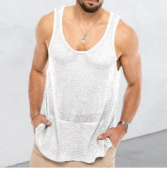 2024 Summer Men's Solid Sleeveless Knit Vest Fashion New Hollow Out Design Sport Tops Male Casual Fitness Tank Tops Gym Hombre - SHOWLU FASHION STORE