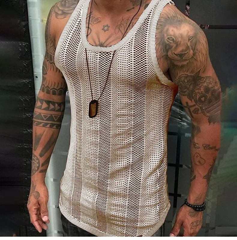 2024 Summer Men's Solid Sleeveless Knit Vest Fashion New Hollow Out Design Sport Tops Male Casual Fitness Tank Tops Gym Hombre - SHOWLU FASHION STORE