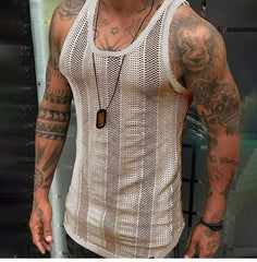 2024 Summer Men's Solid Sleeveless Knit Vest Fashion New Hollow Out Design Sport Tops Male Casual Fitness Tank Tops Gym Hombre - SHOWLU FASHION STORE