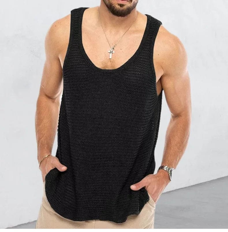 2024 Summer Men's Solid Sleeveless Knit Vest Fashion New Hollow Out Design Sport Tops Male Casual Fitness Tank Tops Gym Hombre - SHOWLU FASHION STORE