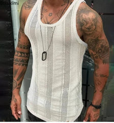 2024 Summer Men's Solid Sleeveless Knit Vest Fashion New Hollow Out Design Sport Tops Male Casual Fitness Tank Tops Gym Hombre - SHOWLU FASHION STORE